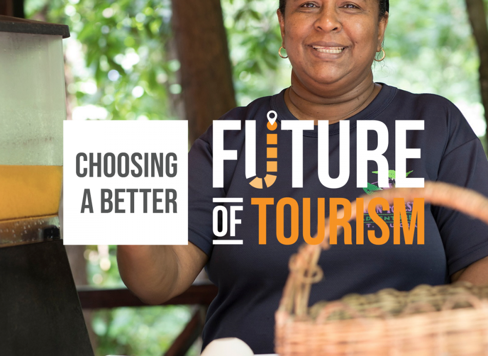 Future of Tourism logo. Image of woman with basket